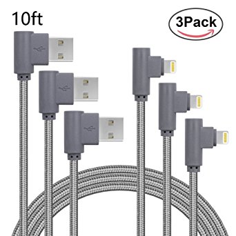 ANSEIP 90 Degree Lightning Cable 10ft of 3Pack iPhone Charge Cords Nylon Braided 8 Pin Lightning to USB Charger Cable, Data Transfer and Charging cable for Apple iPhone 7/6/5 iPad (Grey)