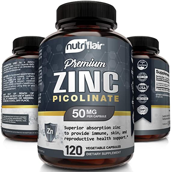 NutriFlair Zinc Picolinate 50mg, 120 Capsules - Maximum Absorption Zinc Supplement Pills - Immune System Booster, Immunity Defense, Powerful Non-GMO Antioxidant - Compare to gluconate, Citrate, Oxide