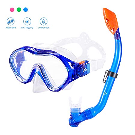 Kids Children Snorkel Set Dive Mask Full Dry Snorkel Tempered Glass Diving Set for Boys and Girls Junior Snorkeling Gear Age 5 Plus