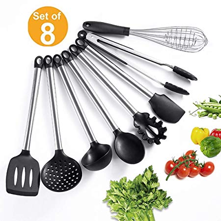 Kitchen Utensil Set, 8 Pieces Cooking Utensils for Cookware, Nonstick Silicone & Stainless Steel Spatula Set, Hand Wash, Best Kitchen Tools for Gift