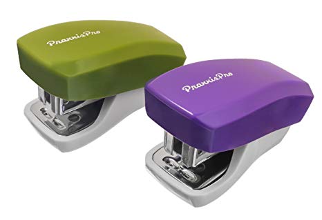 PraxxisPro, Mini Staplers, Built in Staple Remover, Staples 2 to 18 Sheets, Set of 2, Purple and Greenery.