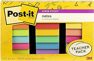 Post-it® Super Sticky Notes Teacher Pack, Assorted Colors, 3 in. x 3 in., 15 Pads/Pack, 45 Sheets/Pad