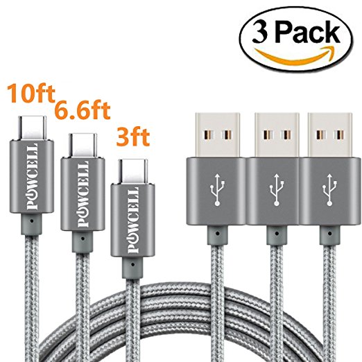 VALUE PACK OF 3 POWCELL FULL SPEED CHARGER FOR SONY XPERIA XZ PREMIUM X Compact XZs L1 XA1 Ultra NYLON BRAIDED USB DATA SYNC CHARGING CABLE CORD (3 Pack 1/2/3 Meter)