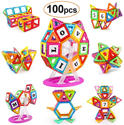 KIDCHEER Magnet Building Tiles, Magnetic 3D Building Blocks Set for Kids, Magnetic Educational Stacking Blocks Boys Girls Toys - 100PCS