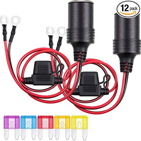 2FT 16AWG Car Female Cigarette Lighter Plug Socket to Eyelet Terminals 12V Extension Cable with 2A 5A 10A 15A 20A Fuse