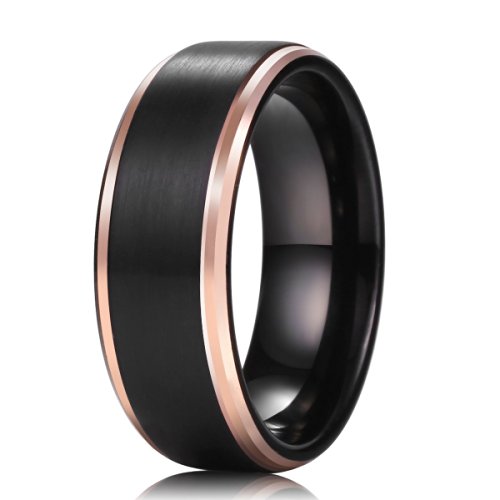 King Will Mens 8MM Black Tungsten Carbide Ring Matte Wedding Band Rose Gold Plated Beveled Edge