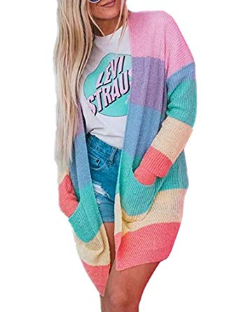 Shele Womens Cardigan Sweaters Oversized Rainbow Open Front Striped Knit Tops Pockets