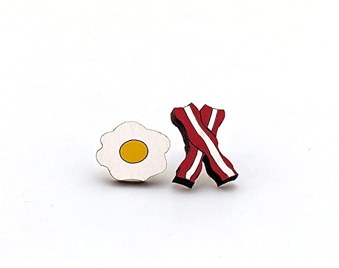 Unpossible Cuts Food | Handpainted Laser Cut Wood Earrings from Handmade in The USA (Bacon & Eggs)