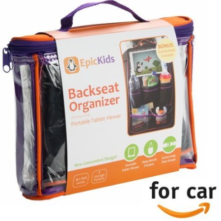 Backseat Car Organizer Deluxe - iPad/Tablet Holder - 7 Storage pockets - Extra Deep bottle pockets - HIGH QUALITY - FREE Coloring Book by EpicKids included.