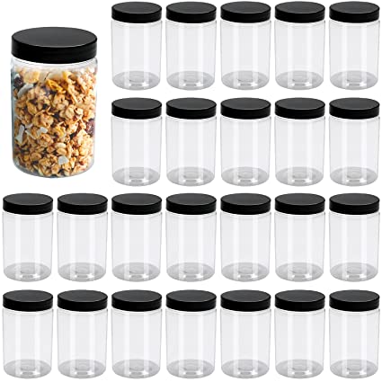 8 oz Clear Plastic Storage Favor Jars, Woaiwo-q Plastic Jars with Black Lids for Beauty Products, Slime Making, Food storage and More(Set of 25)