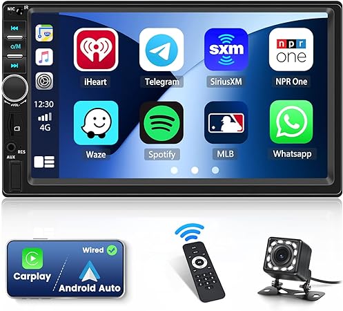 Double Din Car Stereo with Apple CarPlay and Android Auto, 7 Inch HD Touchscreen Car Radio, Bluetooth Car Audio Receivers, Backup Camera, Mirror Link, USB/AUX/TF/FM