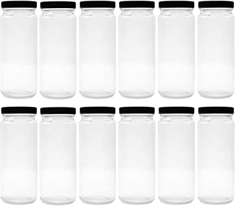 Cornucopia 16oz Glass Juice Jars (12-pack); Reusable Clear Glass Containers with Lids for Juicing, Smoothies, Kombucha, and Iced Tea