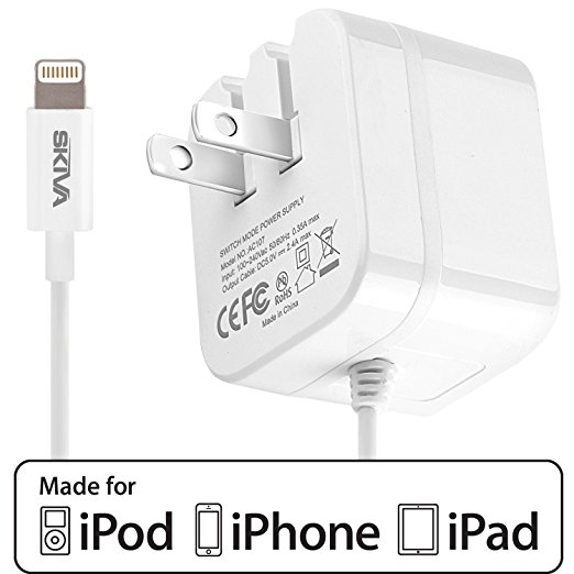 iPhone X Charger, Skiva PowerFlow 2.4-Amps 12W AC Wall Foldable Plug Charger for iPhone 10 / 8 / 8 plus / 7 7 , iPad Pro Air mini [Integrated Apple MFi Certified 8-pin Lightning Cable] [Model:AC107]