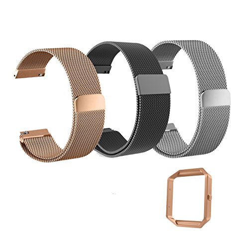 3PCS Fitbit Blaze Accessories Band Small,Magnetic Clasp Mesh Loop Milanese Stainless Steel Replacement Bracelet Strap with Metal Frame for Fitbit Blaze Smart Fitness Watch(1 Rose Gold Frame 3 loop)