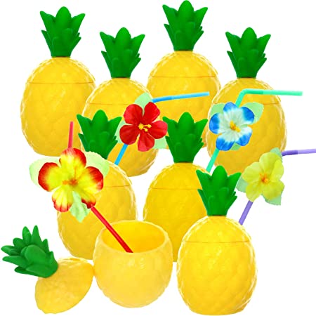 GIFTEXPRESS 12-pack Plastic Pineapple Cups with Lids and Hibiscus Straws, Hawaiian Party Cups Luau Aloha Party Favor