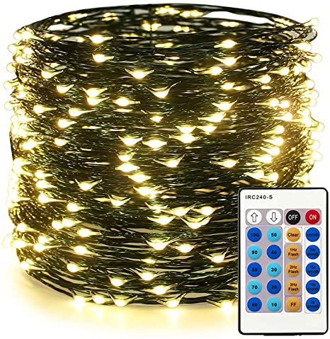 ER CHEN Dimmable LED String Lights Plug in, 99ft 300 LED Waterproof Fairy Lights with Remote, Indoor/Outdoor Copper Wire Christmas Lights for Bedroom, Patio, Garden, Yard (Green Wire, Warm White)
