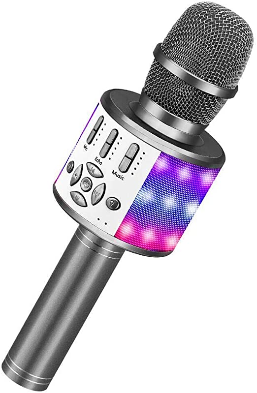 BONAOK Karaoke Bluetooth Wireless Microphone with LED Lights, Rechargeable Handheld Mic & Speaker, Recording Singing Machine for Kids Boys Girls Adults(868 Space Gray)