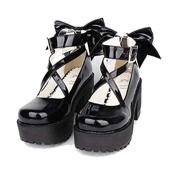 Black 80MM Heel Ankle-High Round-Toe Lolita Cosplay Pump Shoes