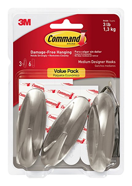 Command Designer Hooks, Medium, Brushed Nickel, 3-Hooks (17081BN-3ES)