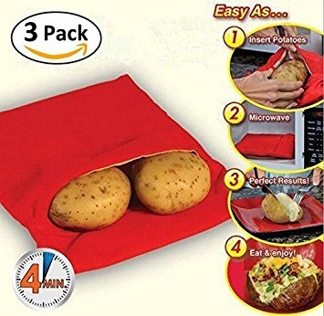 (3 Pack )Microwave Potato Bag, Magnolian Corn, Day-old bread, Tortillas Cooker Bag, Washable and Reusable, Red