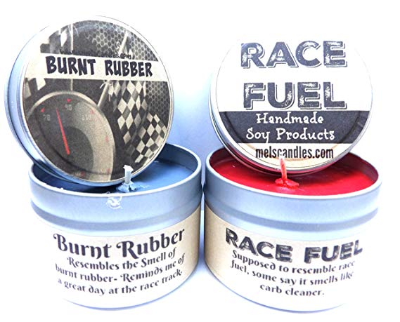 Combo - 4oz Burnt Rubber & 4oz Race Fuel Soy Candle Tins - Great Gift for Men & Race Fans
