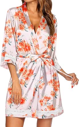 Ekouaer Women's Lace-Trim Silk Robes Bride Bridesmaid Kimono Satin Bathrobe V Neck Sleepwear with 3/4 Sleeve