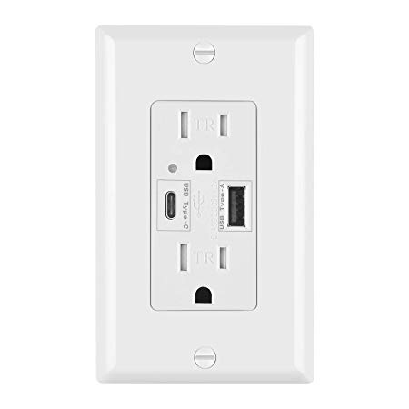 BESTTEN USB Wall Outlet Receptacle, Dual USB (Type-C & Type-A) Charging Ports (Total 4.2A/5V), 15A Tamper Resistant Duplex Outlet with Wall Plate, UL Listed, White