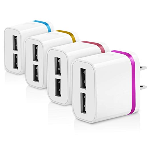 Charger, Certified 2.1A Dual-USB Wall Charger 4-Pack Travel Charging Plug Home Power Adapter for iPhone X/8/8Plus / 7/7 Plus 6/6S 6/6S Plus, Samsung S7 S6 S5, HTC, LG and USB Devices (Multi-Color)