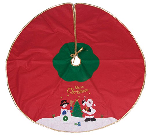 Snowman and Santa Tree Skirt by Clever Creations | Red, and Green with Gold Border | Christmas Tree & Snow Design | Traditional Theme | Helps Contain Needle and Sap Mess on Floor | 40" Diameter