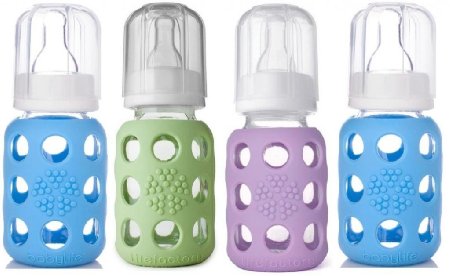 Lifefactory Glass Baby Bottles 4 Pack (4 oz. in Boy Colors) - Green/Lilac/Blue