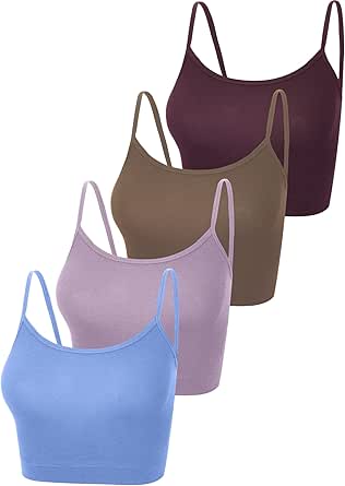 4 Pack Cropped Tank Tops for Women, Spaghetti Strap Crop Top Basic Sports Crop Cami Half Camisoles for Teen Girls