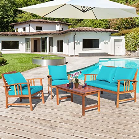 Tangkula 4 PCS Wood Patio Furniture Set, Outdoor Seating Chat Set w/Gray Cushions Back Pillow, Outdoor Conversation Set w/Coffee Table for Garden, Backyard, Poolside (Turquoise)