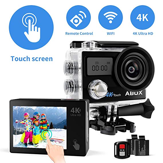 Action Camera, ABOX 4K 16MP WiFi Sport Cam 30M Waterproof Camcorder with Touch Screen/Dual Screen Display, 170°Wide-Angle Len,2.4G RF Remote, 2Pcs 1050mAh Batteries and Mounting Accessories Kits