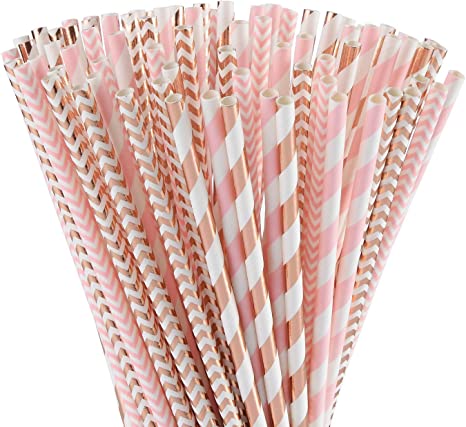 ALINK Biodegradable Rose Gold Pink Paper Straws, 100 Straws for Juice, Cocktail, Smoothies, Party Supplies, Birthday, Wedding, Bridal/Baby Shower Decorations and Holiday Celebrations