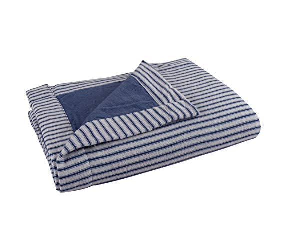 DELANNA Flannel Throw, Reversible 2-Ply Thick Blanket 100% Cotton (50" x 60", Navy Stripe)