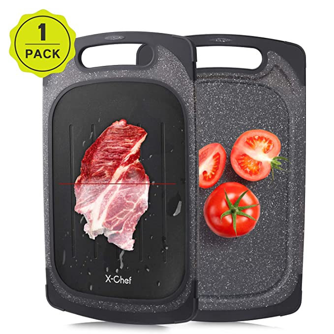 X-Chef Defrosting Tray, 2 in 1 Defrosting Cutting Board Thawing Plate for Kitchen Chopping Thawing Meat Chicken Fish Steak, 2 Side Use, 15.9x9.5inch, Black
