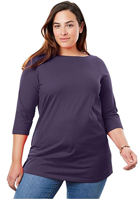 Woman Within Plus Size Perfect Three-Quarter Sleeve Boatneck Tee