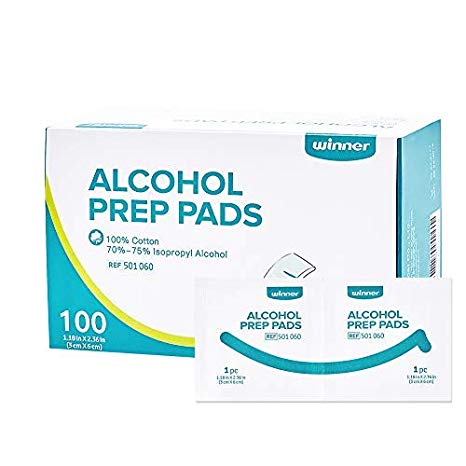Winner Sterile Alcohol Prep Pads, Small-4-Ply Square Cotton Pads Well-Saturated in Alcohol, 100 Pcs (1.18” X 2.36”)