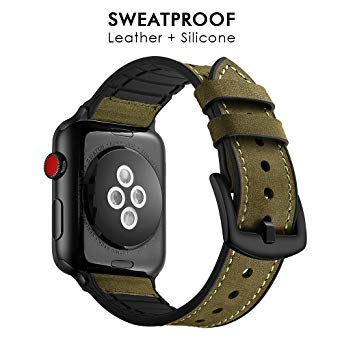 RUCHBA Luxurious Hybrid Genuine Leather Band for Apple Watch 42mm Sweatproof Bands Silicone Lining Replacement Straps for iwatch Space Black Series 1 2 3 Sport and Edition Men Women - Green