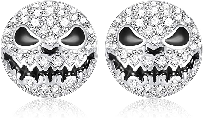 Adramata 925 Sterling Silver Halloween Skull Earrings 14K White Gold Plated Mare Night Earrings Crystal Horror Earrings for Women