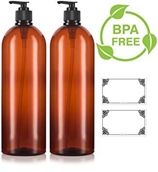 Amber 32 oz Large Boston Round PET Bottles (BPA Free) with Black Lotion Pump (2 pack)   Labels