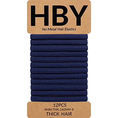 HBY Women's Hair Ties for Thick or Curly Hair. No Slip Seamless Ponytail Holders Sports Thick Hair Ties, Navy, 8MM, 12 Pcs