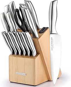 Zulay 15 Piece Stainless Steel Knife Set with Block and Sharpener - Sharp Knife Block Set with Built In Sharpener - Kitchen Knife Set With Block - Rust Proof Knife Set Stainless Steel