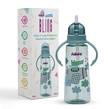 Adore Bling Leakproof Kids Sipper | 240ml Baby Water Bottle for 2 Years with Weighted Straw | 360-Degree Drinking Sippers for Kids | Straw Sipper for Baby & Toddlers (Green)