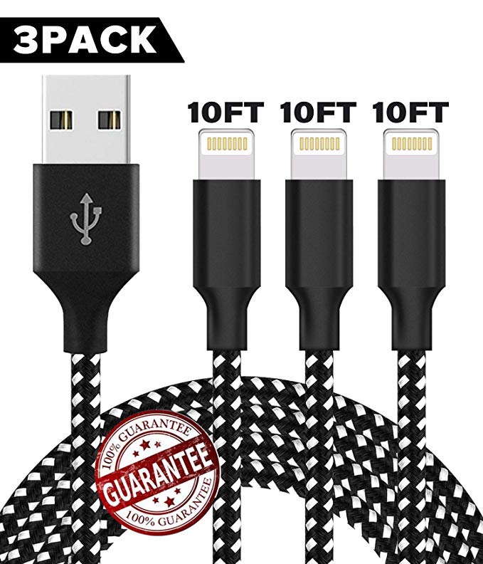 iPhone Charger,Zcen MFi Certified Lightning Cable 3 Pack 10FT Extra Long Nylon Braided USB Charging & Syncing Cord Compatible iPhone Xs/Max/XR/X/8/8Plus/7/7Plus/6S/6S Plus/SE/iPad/Nan -Black White