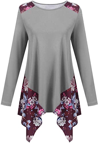 ACEVOG Women Floral Patchwork Asymmetrical Hem Long Sleeve Tunic Tops