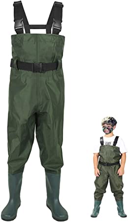LANGXUN Hip Waders for Kids, Lightweight and Breathable PVC Fishing Waders for Children, Waterproof Bootfoot Waders for Boy and Girl, Army Green Chest Waders for Kids