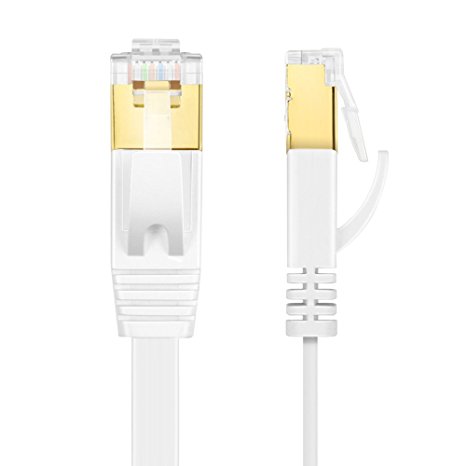 TNP Cat7 Shielded Ethernet Flat Patch Network Cable - 10Gbps 600Mhz High Performance with Snagless RJ45 Connectors Gold Plated Plug S/STP Wires Networking Cable Wiring Black (3 Feet, White)