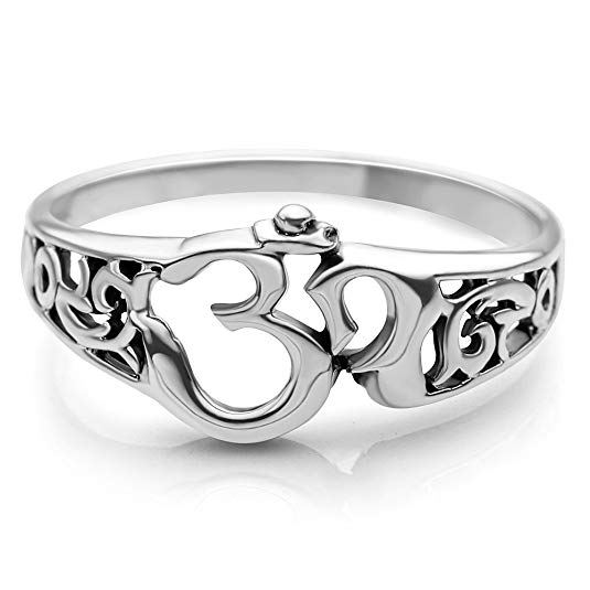 Chuvora 925 Sterling Silver Aum Om Ohm Sanskrit Symbol Filigree Design Meditation Yoga Band Ring