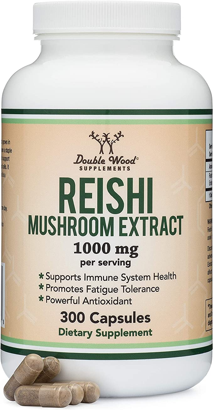 Reishi Mushroom Capsules (4:1 Ganoderma Extract, 1,000mg Reishi Powder Servings) 300 Count, 5 Month Supply, for Immune System Support and Defense by Double Wood Supplements